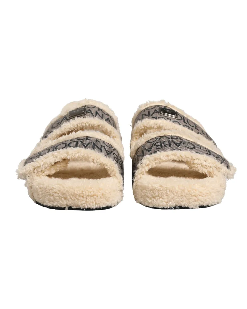 Dolce & Gabbana Men's Beige Faux Fur Logo Print Flats Sandals Shoes Beige
