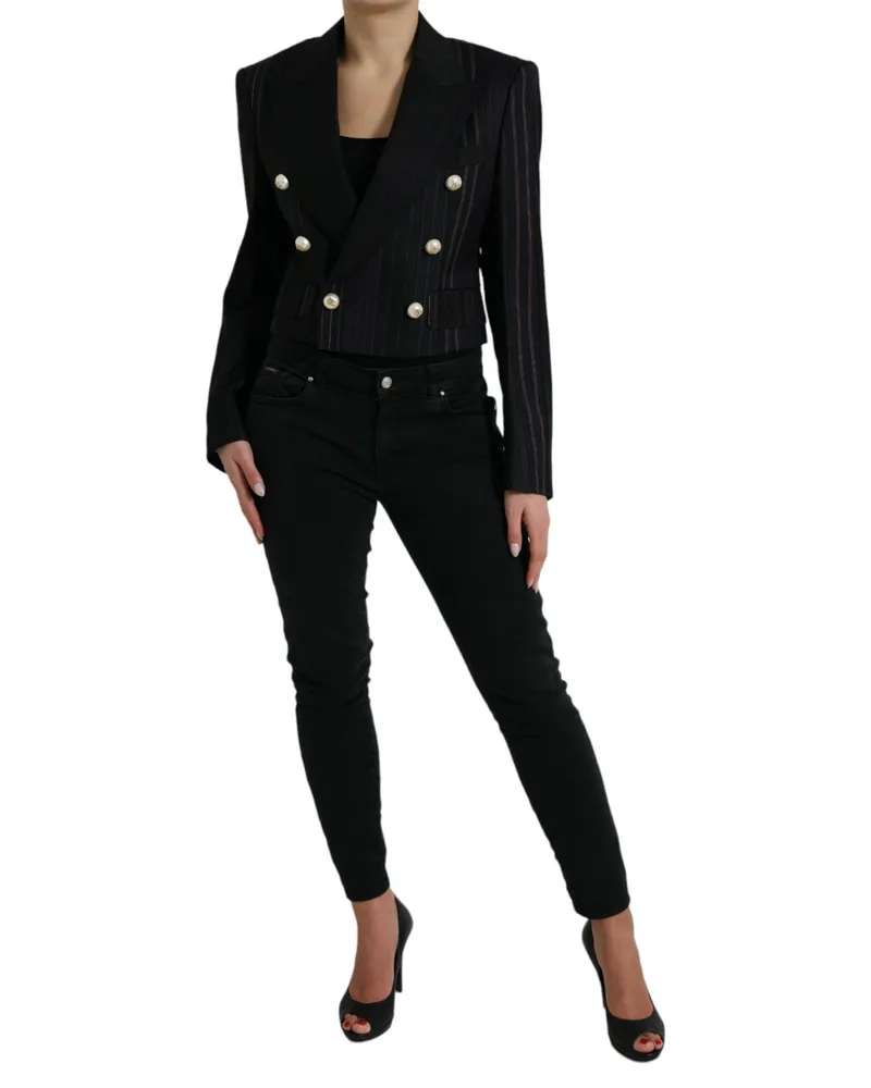 Dolce & Gabbana Women's Black Striped Sicilia Double Breasted Jacket Wool Virgin Cotton Silk Clothing Black