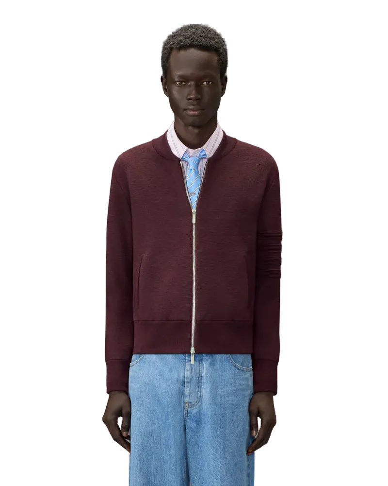 Thom Browne Men's Zip Up Bomber Jacket Merino Burgundy Red Burgundy