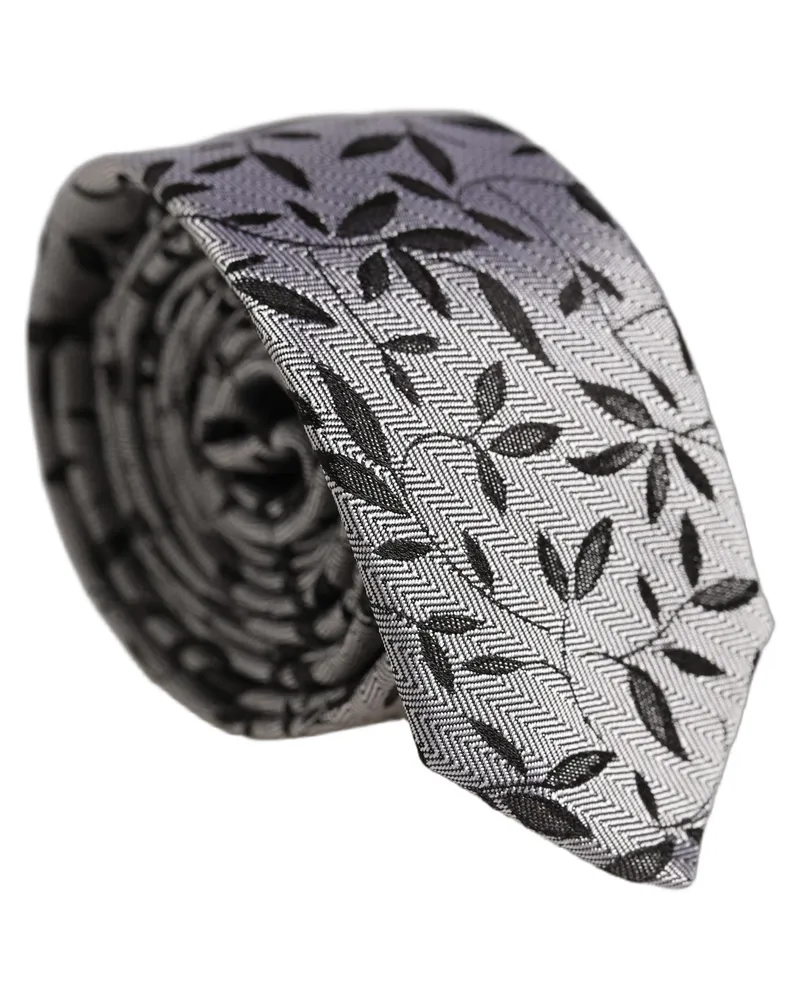 Dolce & Gabbana Men Gray Leaf Pattern Silk Adjustable Tied Necktie Tie Gray