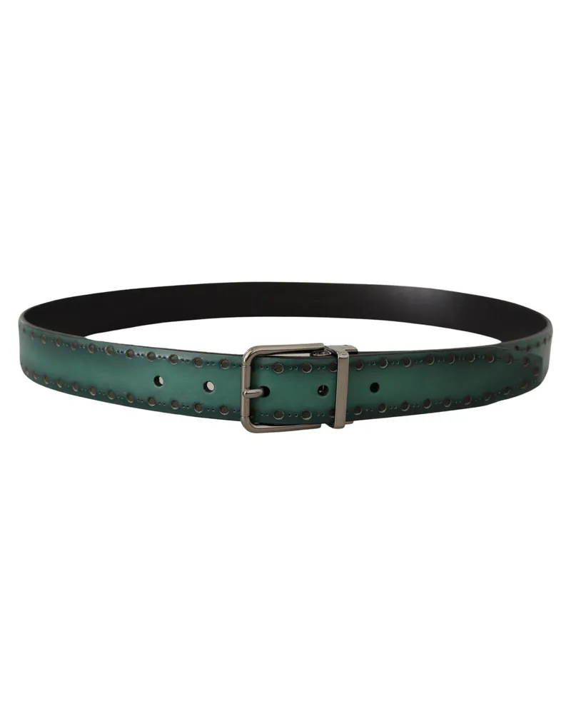 Dolce & Gabbana Men's Green Giotto Leather Silver Metal Buckle Belt Green