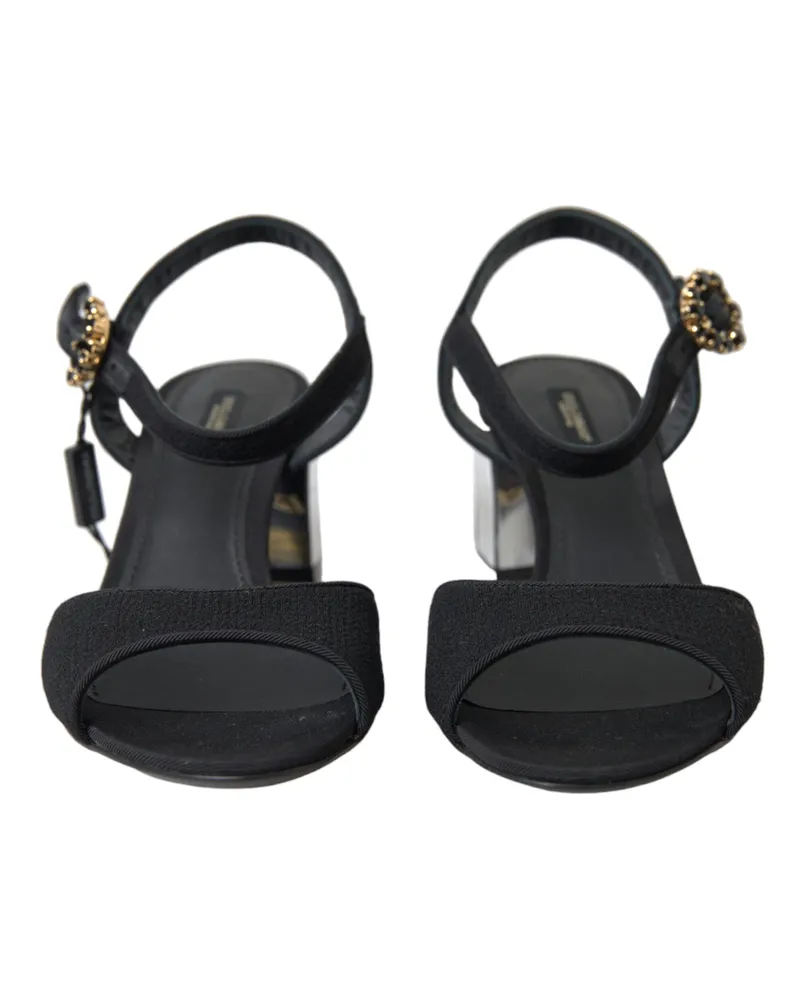 Dolce & Gabbana Women's Black Crystals Ankle Strap Sandals Shoes Wool Viscose Leather Black