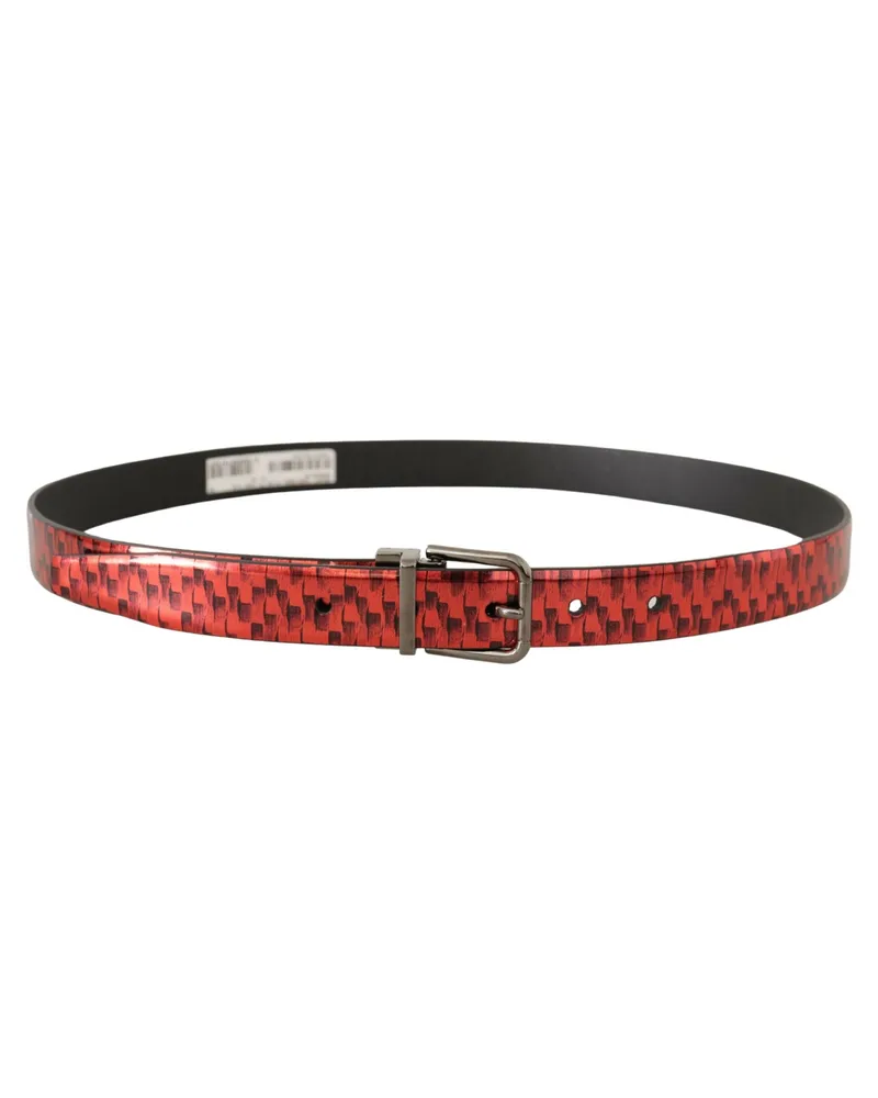 Dolce & Gabbana Men's Red Herringbone Leather Gray Tone Buckle Belt Red