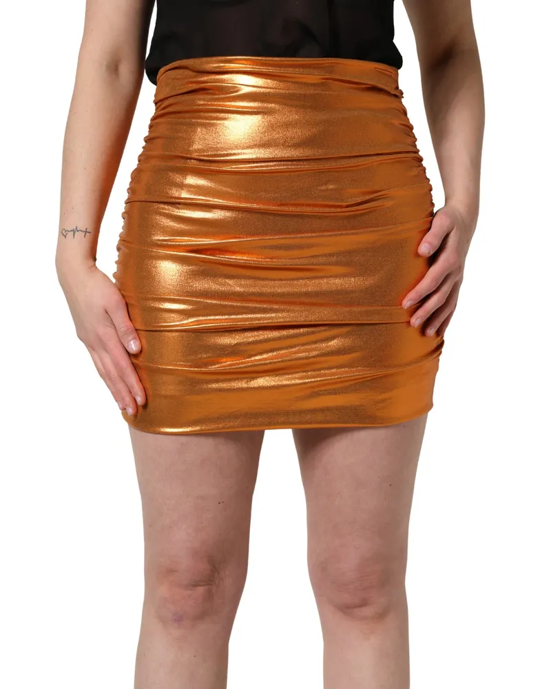 Dolce & Gabbana Women's Metallic Orange Ruched Lame Bodycon Mini Skirt Polyester Elastane Orange