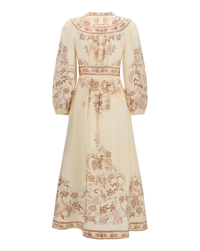Zimmermann Women's Indra Plunge Floral Dress Cream Tan Linen Cream