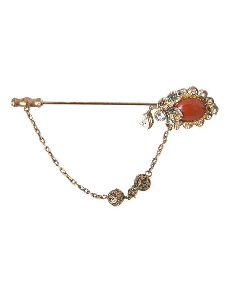 Dolce & Gabbana Women's Gold Brass Crystal Chain 925 Sterling Silver Pin Brooch Accessory Gold