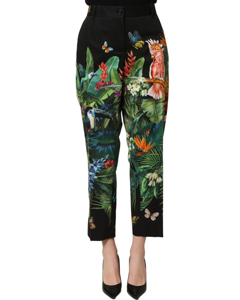 Dolce & Gabbana Women's Black Tropical Print Cotton Highwaist Pants Elastane Black