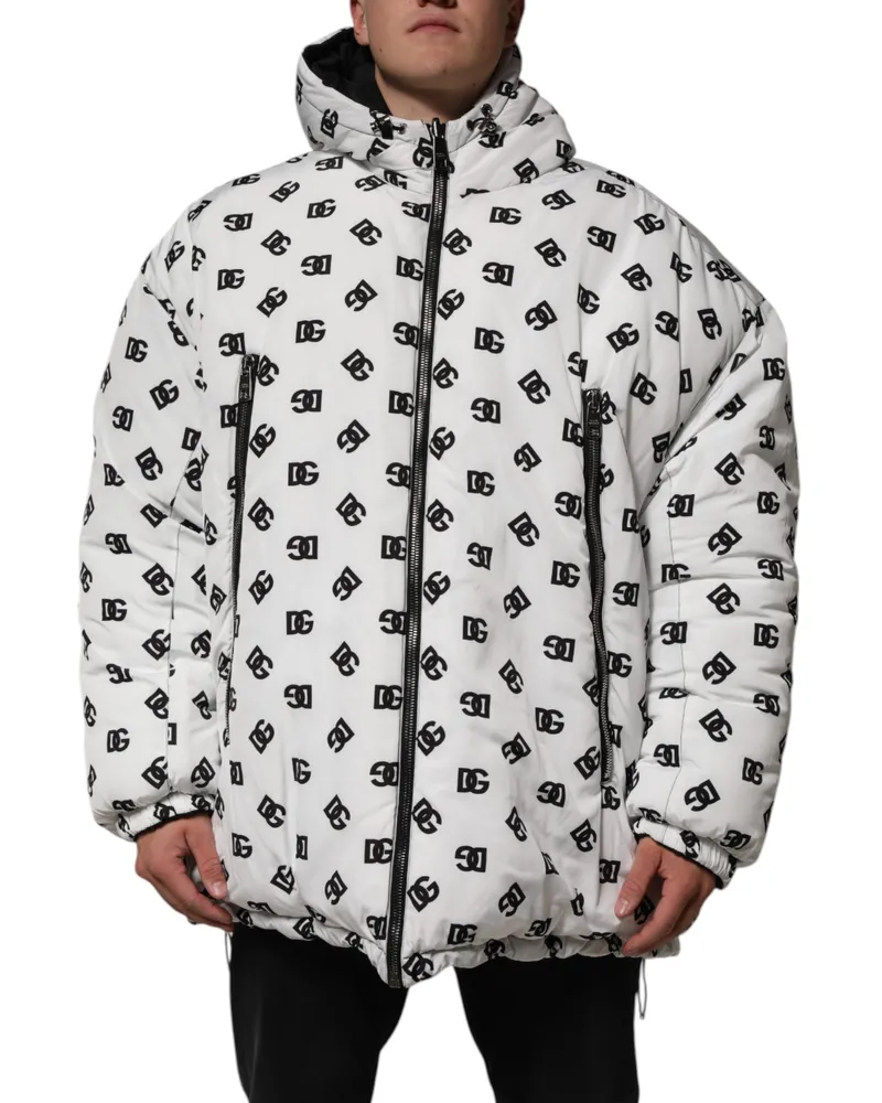 Dolce & Gabbana Men's White Dg Monogram Hooded Puffer Jacket Polyester Clothing White