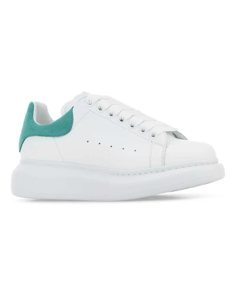 Alexander McQueen Women's White Leather Sneakers With Sea Green Suede Heel Whitepeacock White