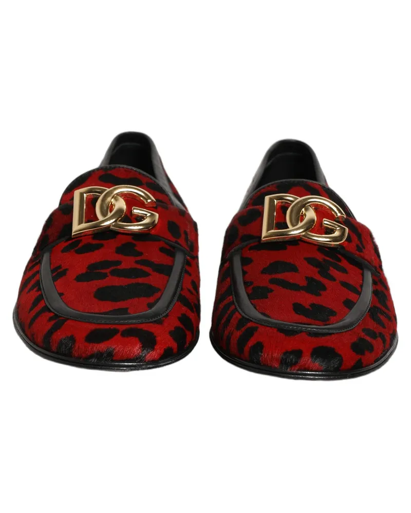 Dolce & Gabbana Men's Red Leopard Print Pony Hair Dress Loafers Shoes Calf Fur Red