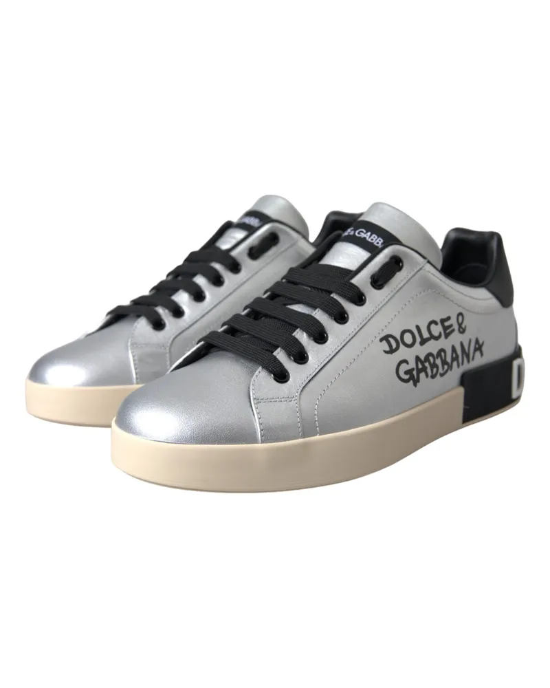 Dolce & Gabbana Silver Portofino Calf Leather Sneakers Men Shoes Black Silver