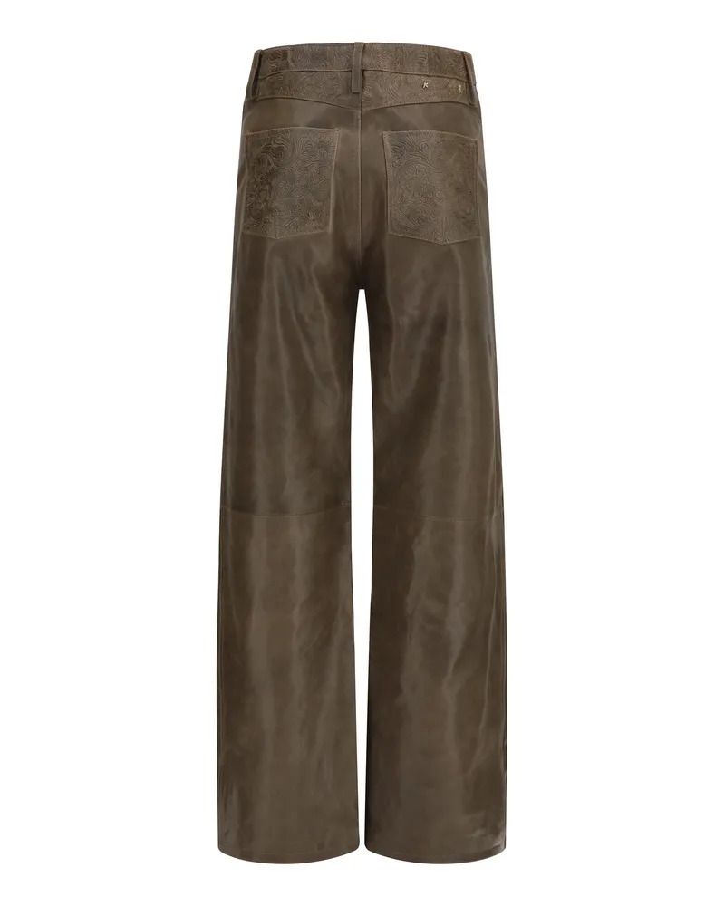 Golden Goose Women's Melany Leather Pants With Embroidery Mud Green Calf Bos Taurus Trousers 