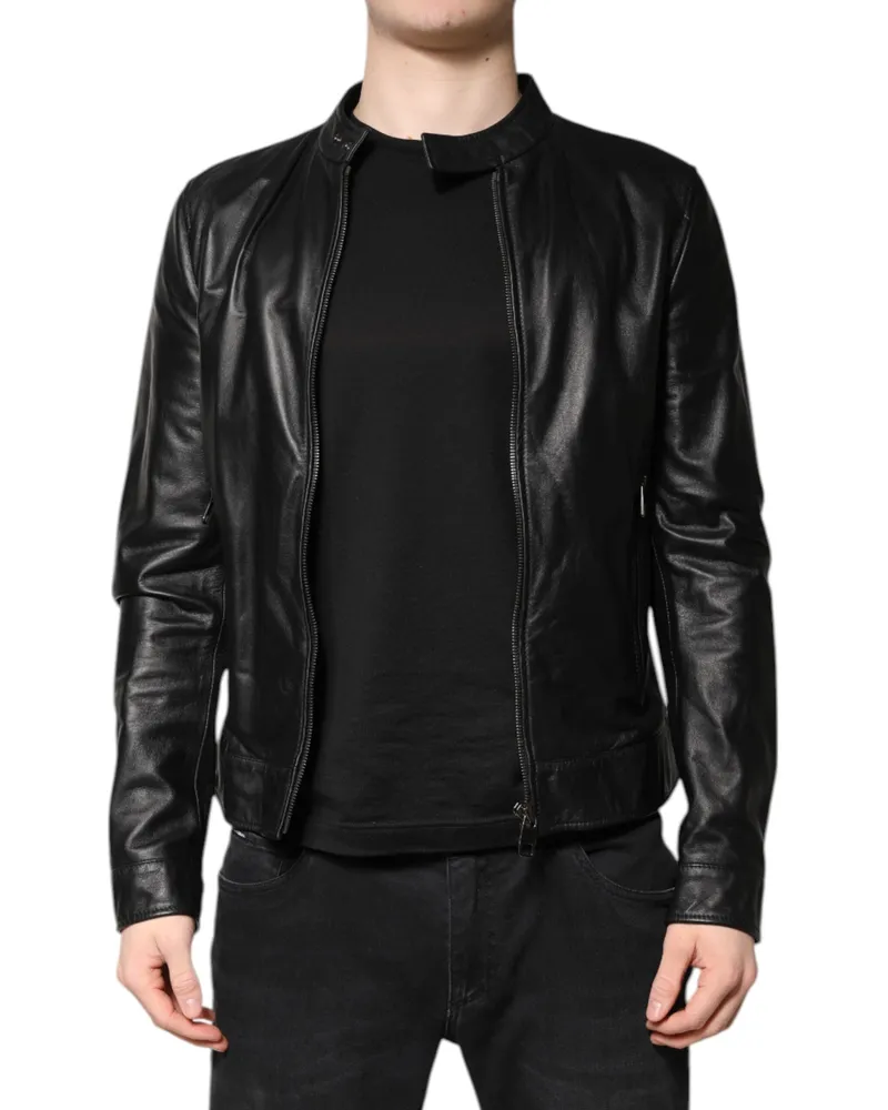Dolce & Gabbana Men Black Sheep Leather Biker Full Zip Jacket Clothing Black