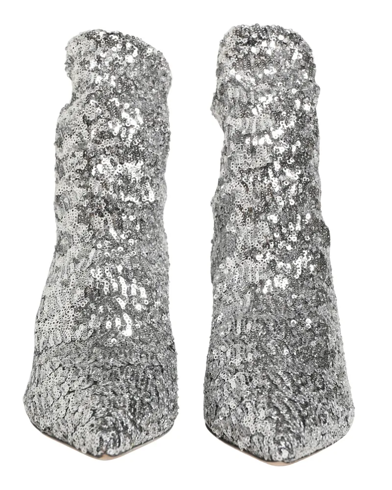 Dolce & Gabbana Women's Silver Sequined Short Boots Stretch Shoes Polyester Silver