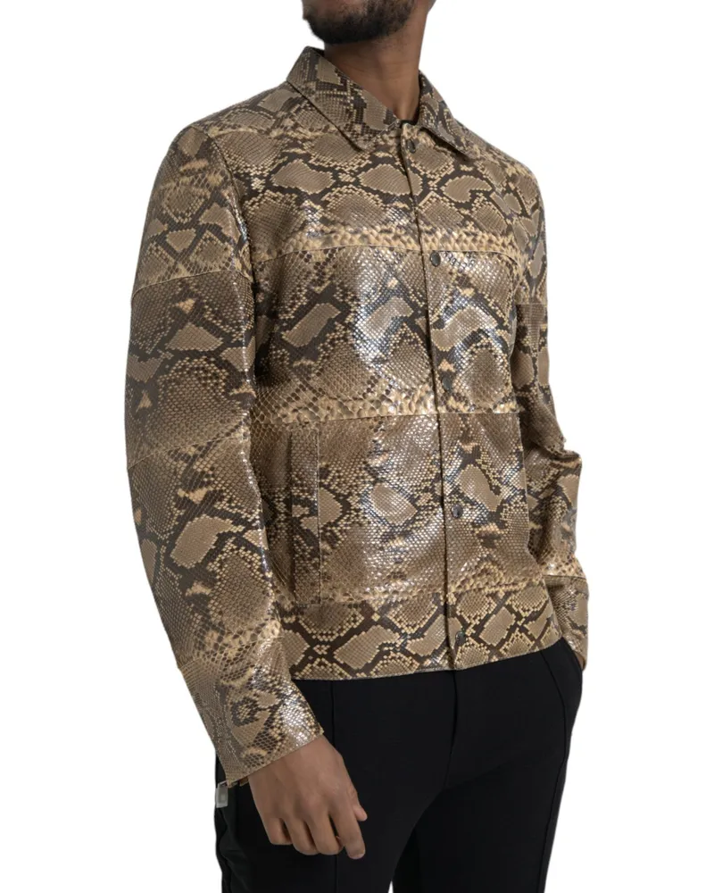 Dolce & Gabbana Men's Beige Exotic Leather Biker Blouson Jacket Python Skin Clothing Beige