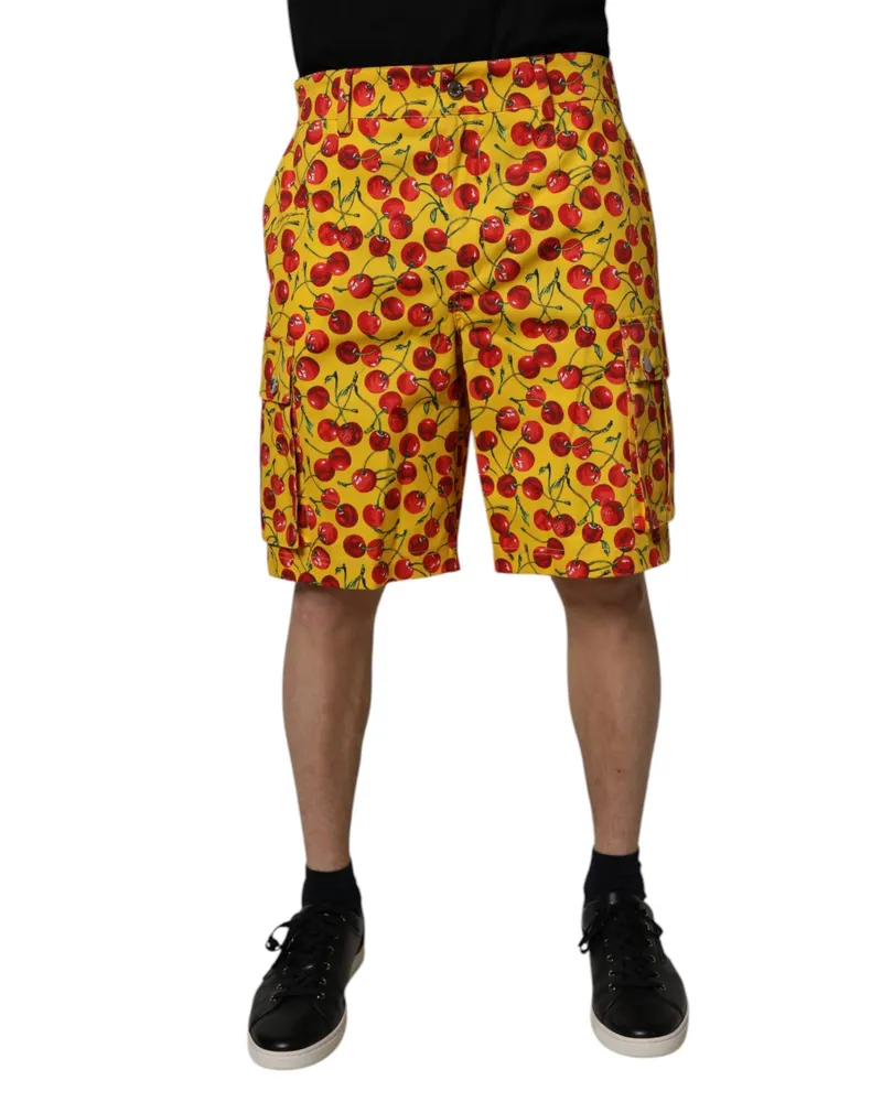 Dolce & Gabbana Yellow Cherry Print Cotton Men Bermuda Shorts Yellow