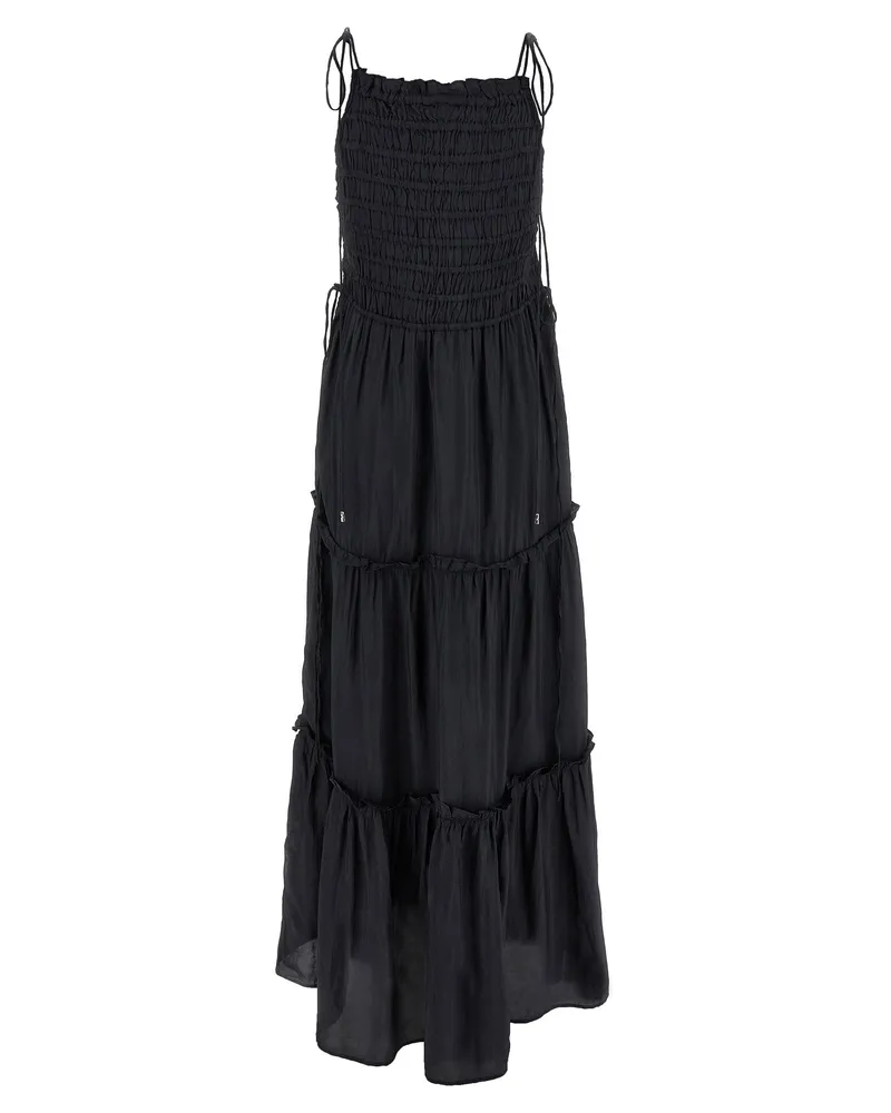 Ganni Smocked Viscose Dress — Black Black