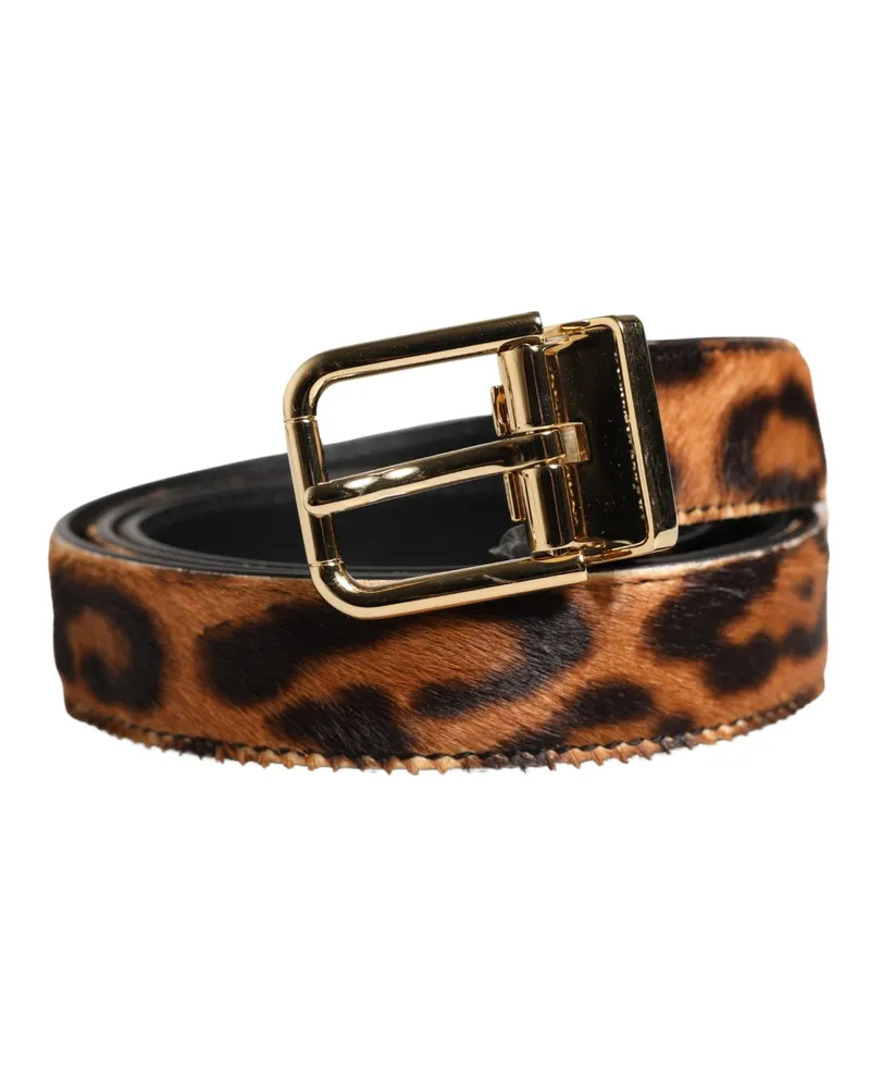 Dolce & Gabbana Women's Brown Calf Fur Leopard Metal Buckle Belt Brown