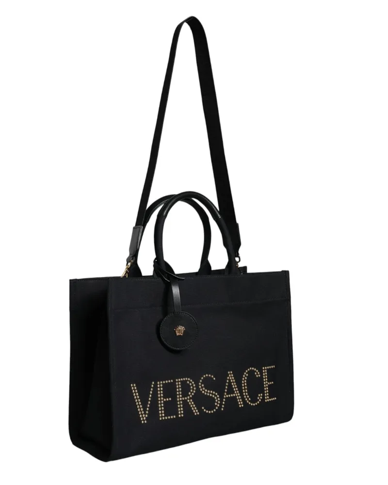 Versace Women's Black Top Handle Canvas Leather Logo Crossbody Tote Bag Black