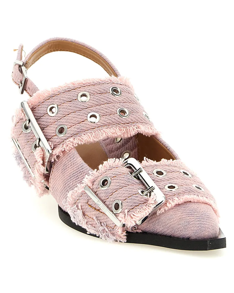 Ganni Buckle-Trimmed Fringed Denim Slingback Heel — Pink Pink