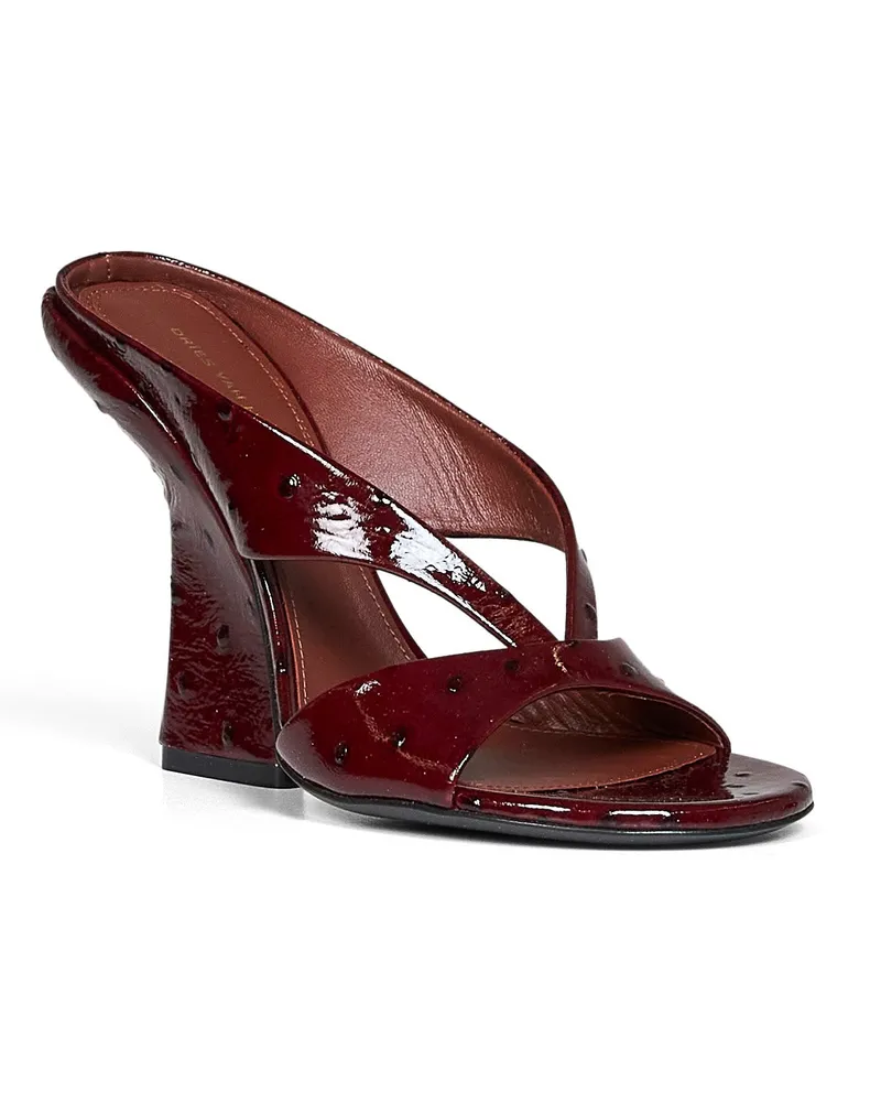 Dries van Noten Women's Heeled Mules Ostrich-Embossed Calf Leather Burgundy Sandal Burgundy