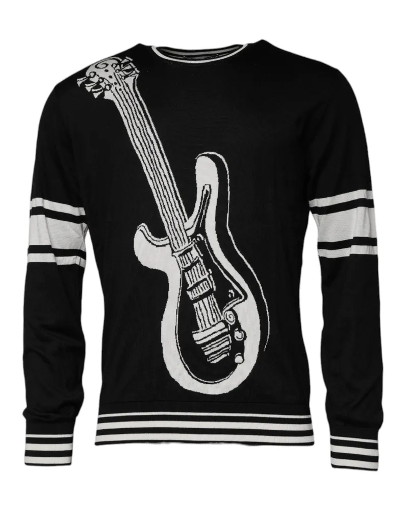Dolce & Gabbana Men's Black White Guitar Silk Crew Neck Sweater And Clothing Black