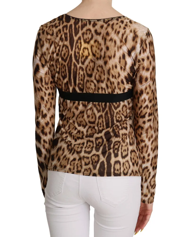 Roberto Cavalli Brown Round Neck Leopard Women Top Blouse Polyamide Brown