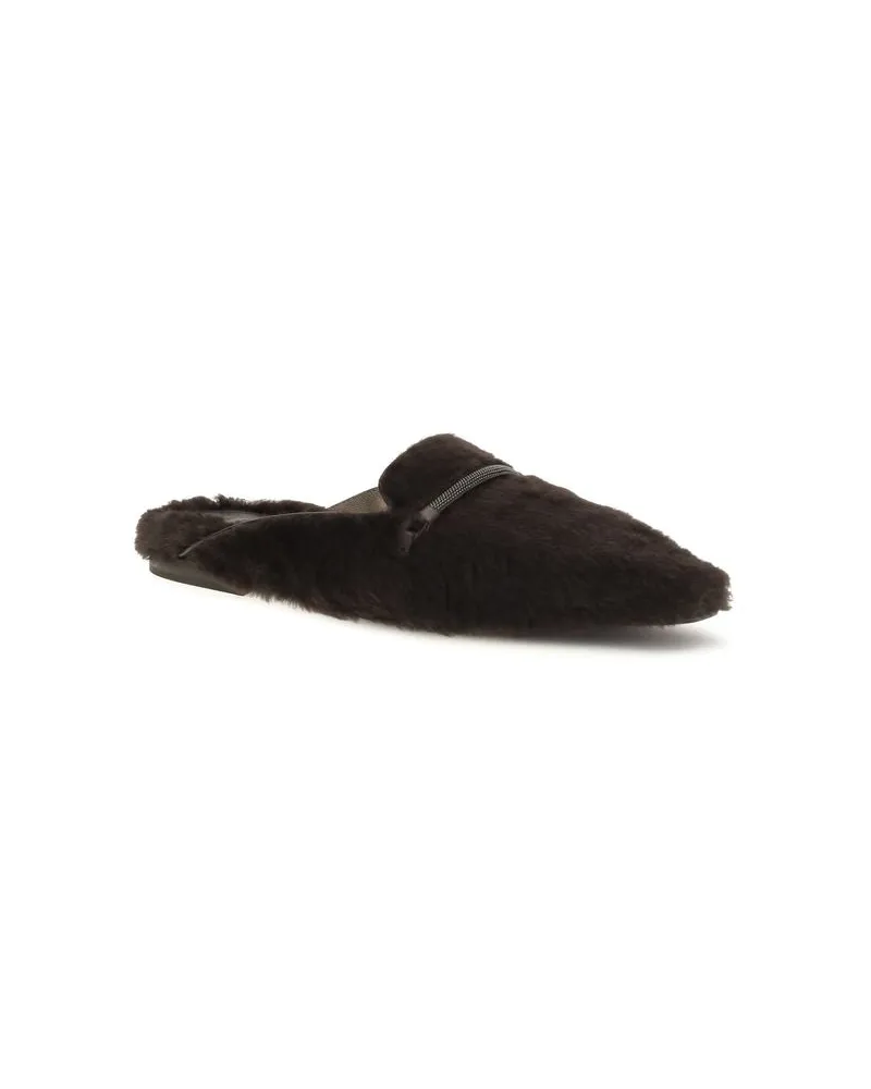 Brunello Cucinelli Shearling with Precious Bar Ballet Flats — Brown Brown