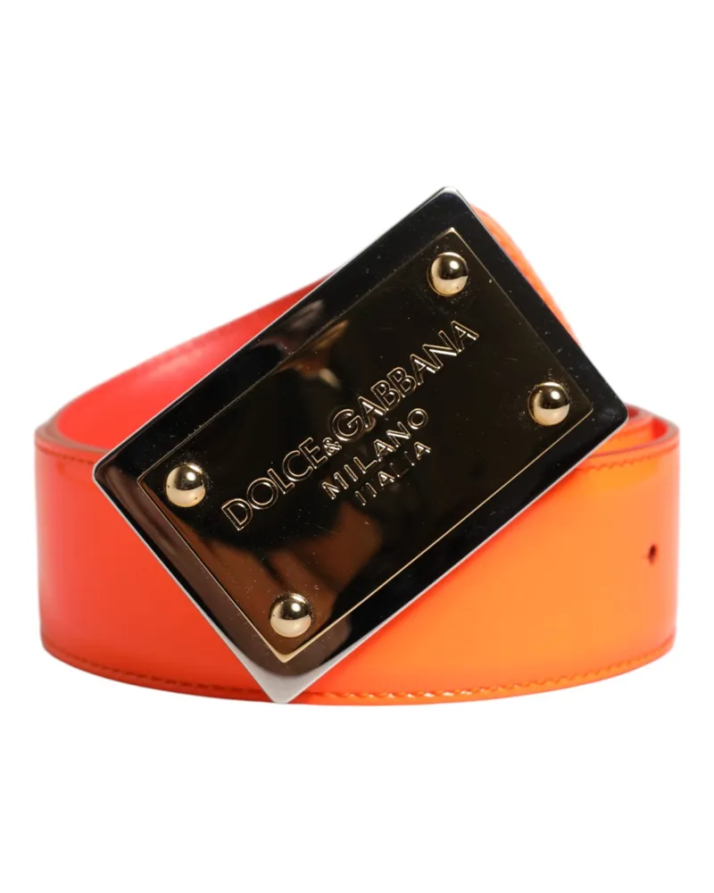 Dolce & Gabbana Men's Orange Gold Tone Metal Logo Buckle Belt Calf Leather Orange