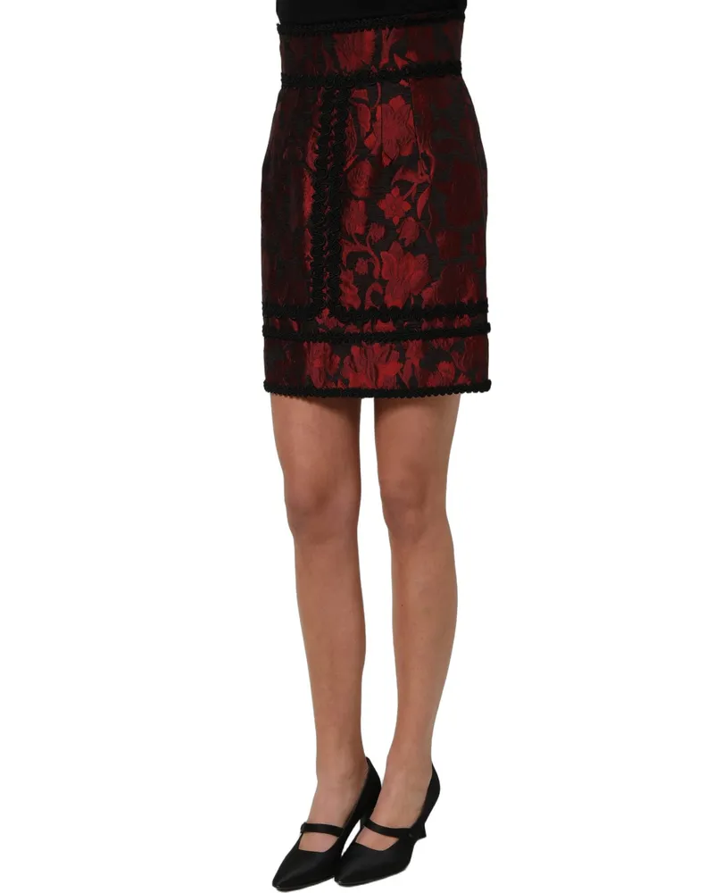 Dolce & Gabbana Women's Red Black Floral Lace Jacquard Mini Skirt Red