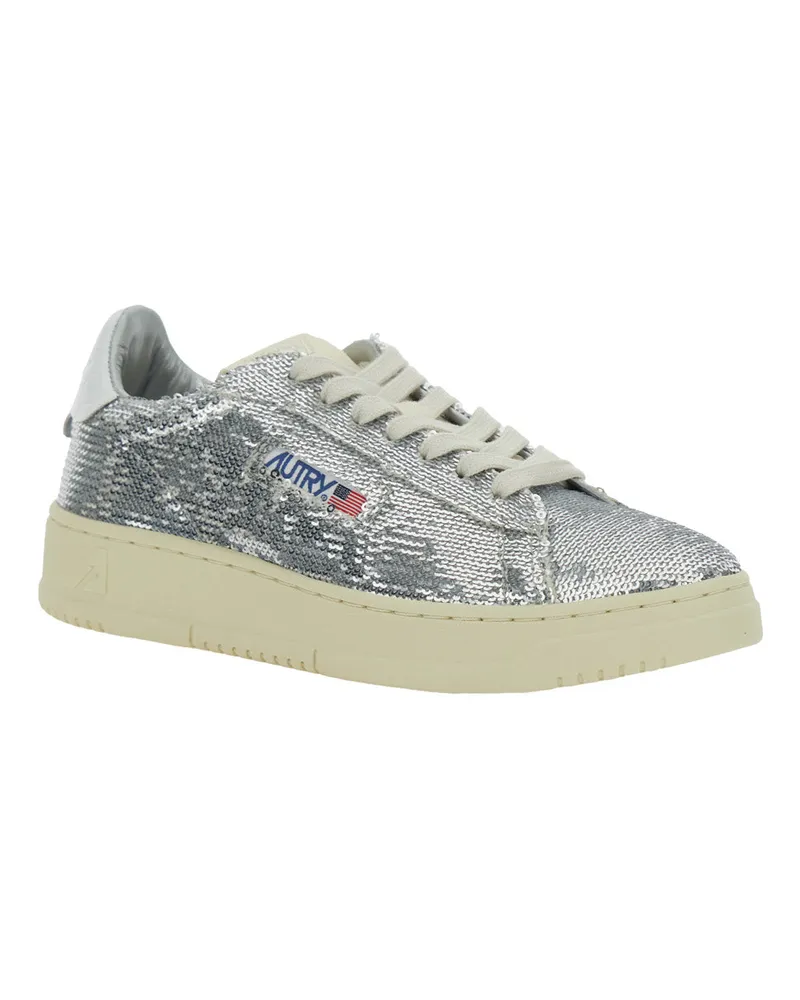 AUTRY Women's Silver-Colored Sneaker With Bead Embellishment Metallic Leather Blend Trainers Silver