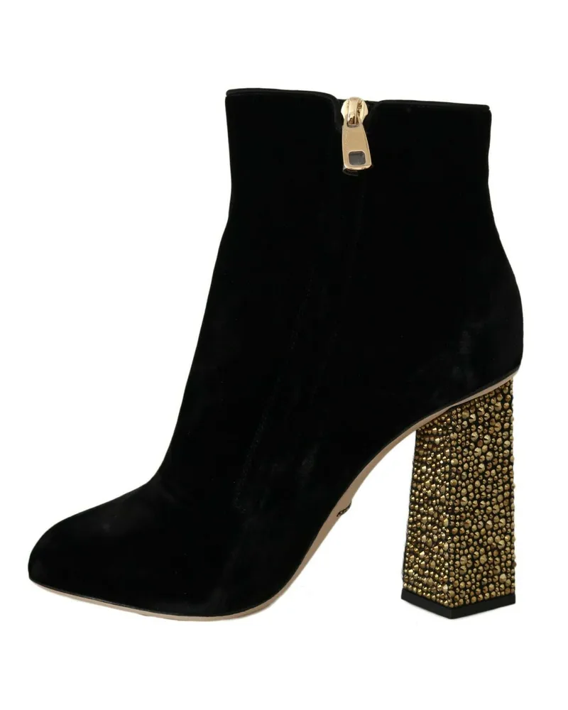 Dolce & Gabbana Women's Black Velvet Crystal Square Heels Shoes Silk Black