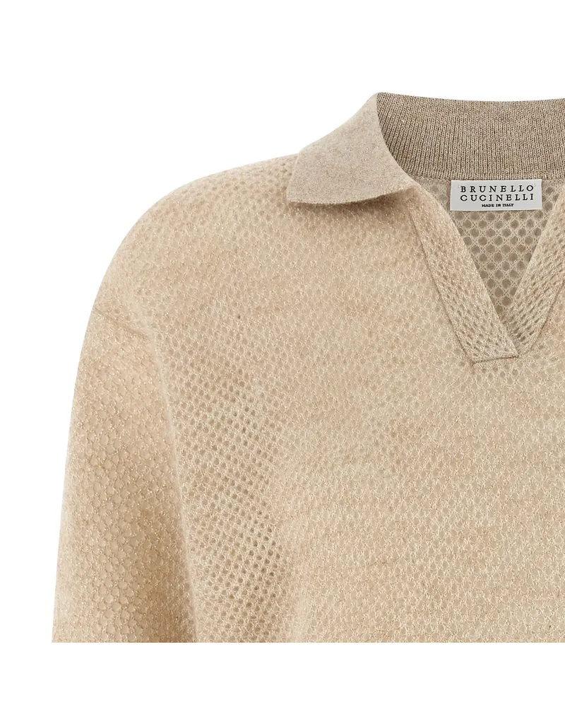 Brunello Cucinelli Perforated Waffle Knit Wool Blend Polo Shirt — Gold Gold