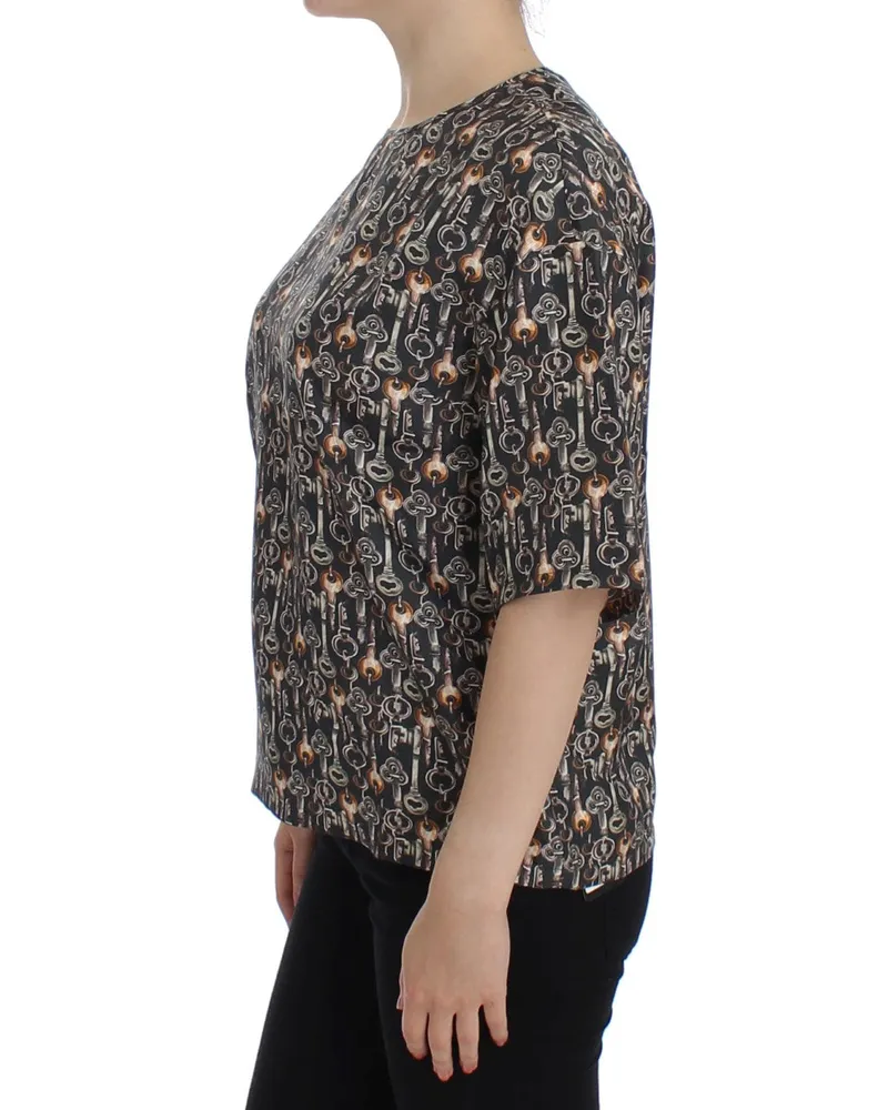 Dolce & Gabbana Women's Gray Gold Key Print Silk Blouse T-Shirt Gray