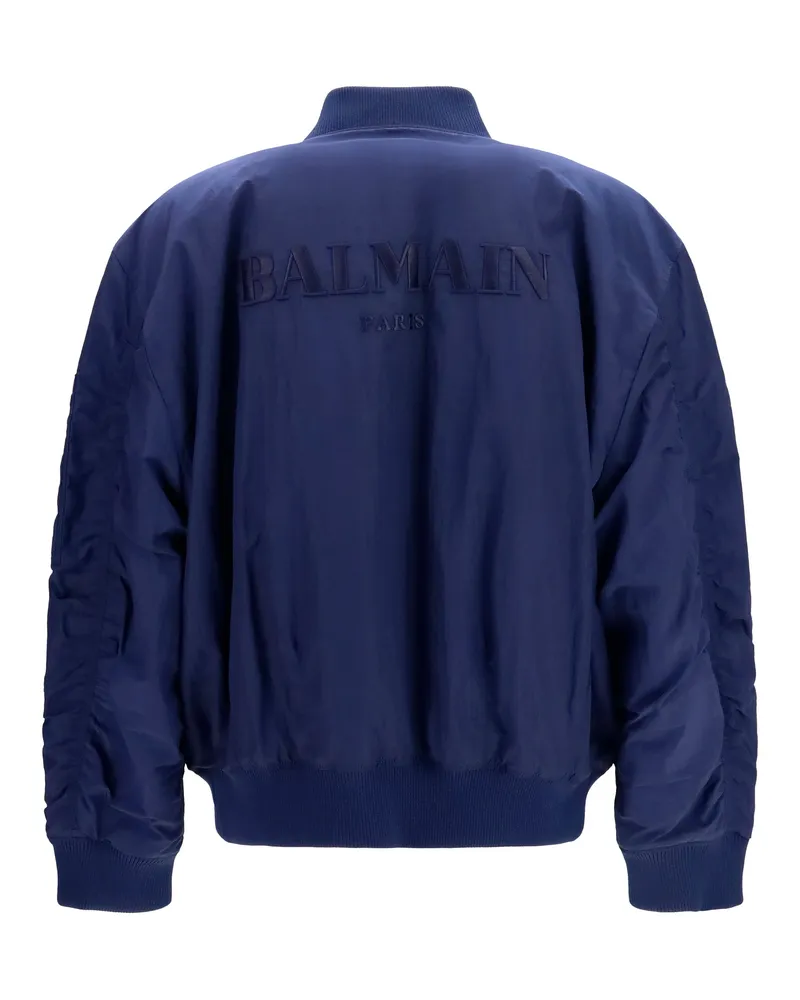 Balmain Men's Nylon Bomber Jacket With Embroidered Back Logo Bleu Polyamide Down Coat Navy