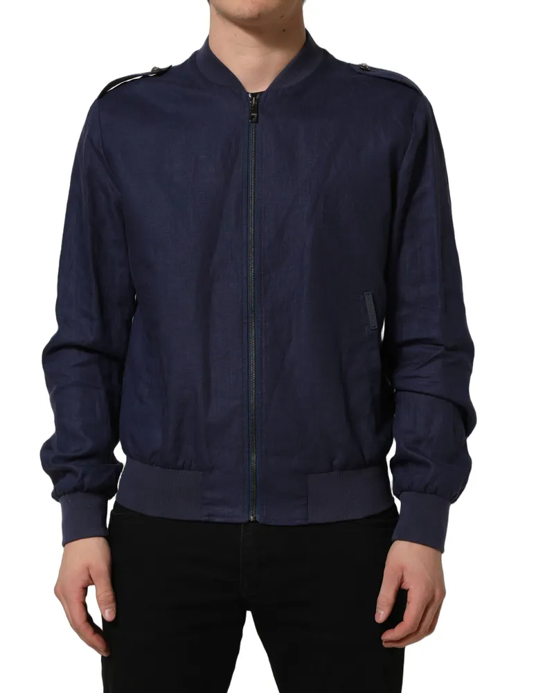 Dolce & Gabbana Blue Linen Full Zip Men Bomber Jacket Clothing Blue