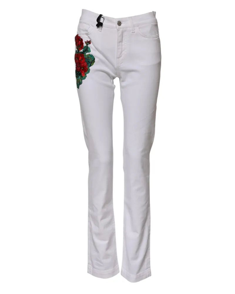 Dolce & Gabbana Women's White Floral Embroidery Girly Denim Jeans Cotton Elastane Clothing White