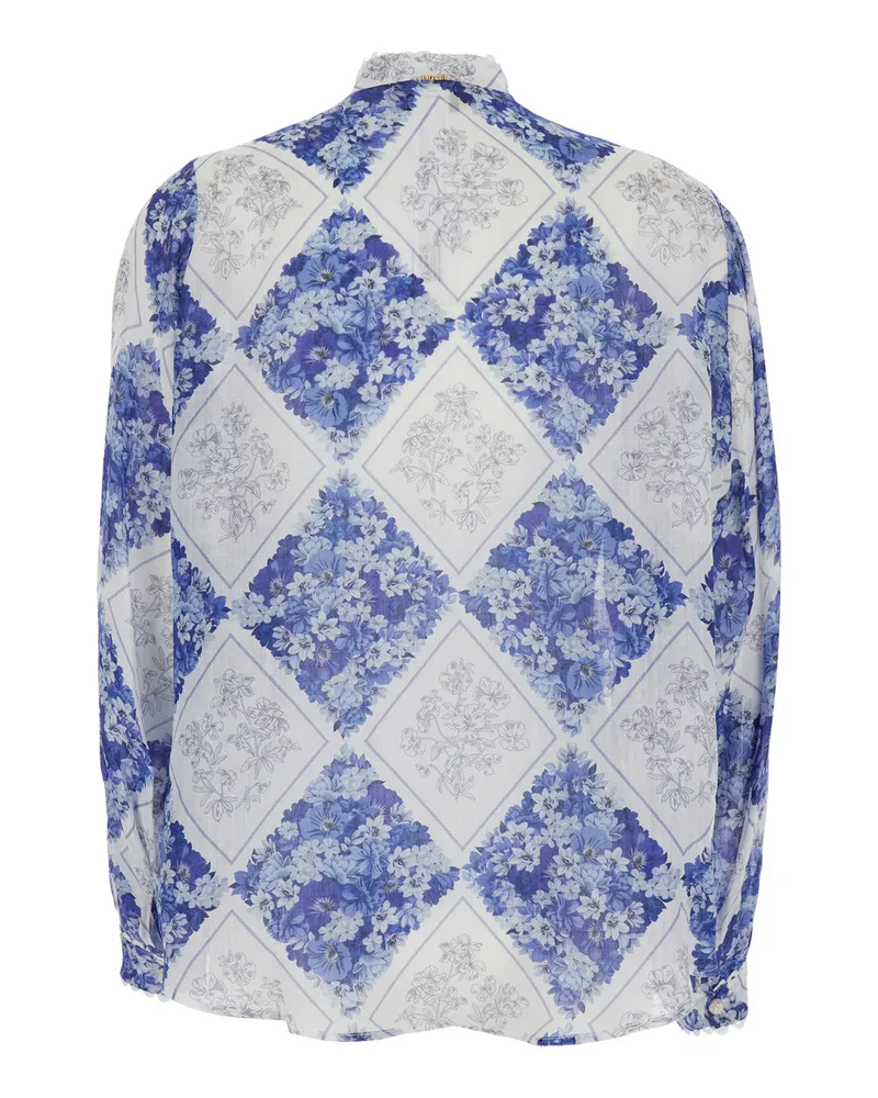 Twin-Set Women's High Neck Shirt Blue Floral Multicolour Ramie Blouses Blue