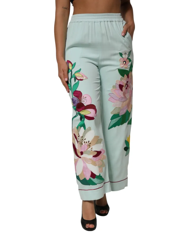 Dolce & Gabbana Women Green Floral Garterized Straight Pajama Pants Silk Elastane Green