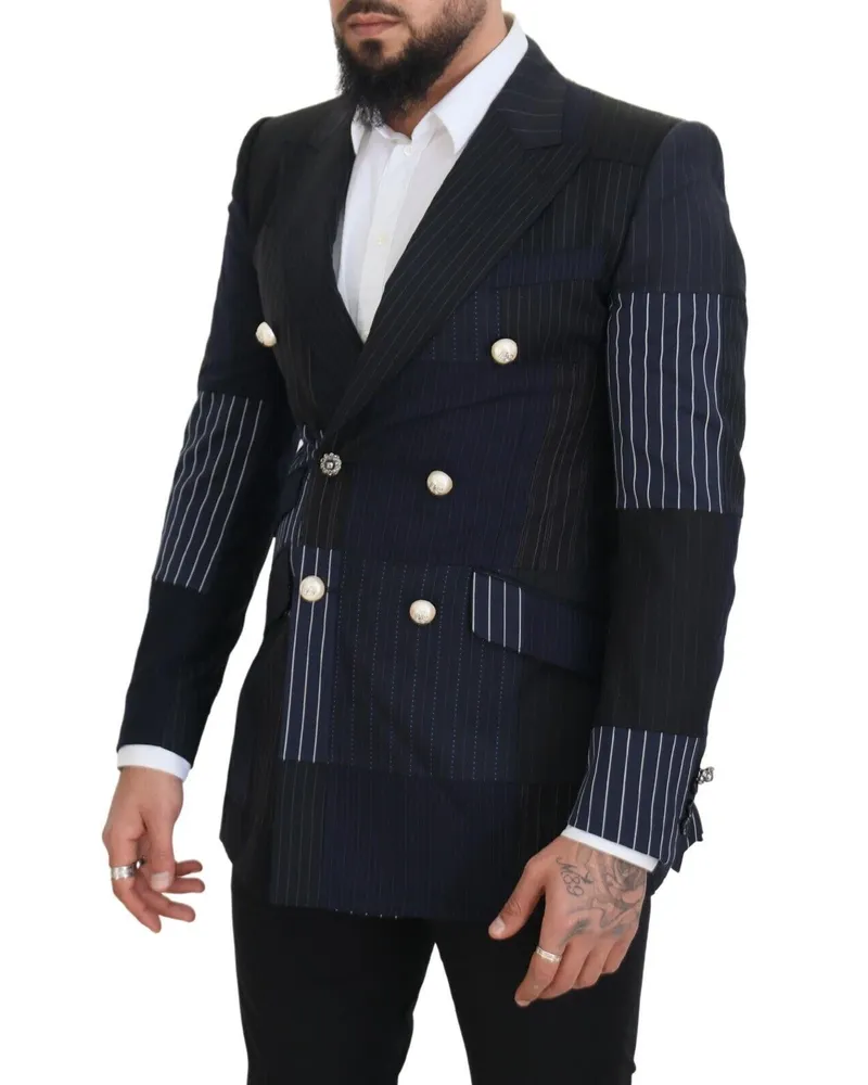 Dolce & Gabbana Men Blue Wool Patchwork Double Breasted Blazer Navy Virgin Clothing Navy