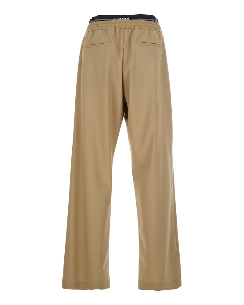 MSGM Men's Beige Pants With Elastic Drawstring Waist Virgin Wool Trousers Beige