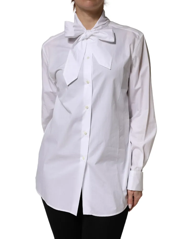 Dolce & Gabbana Women's White Cotton Bow Tie Long Sleeves Blouse Top White