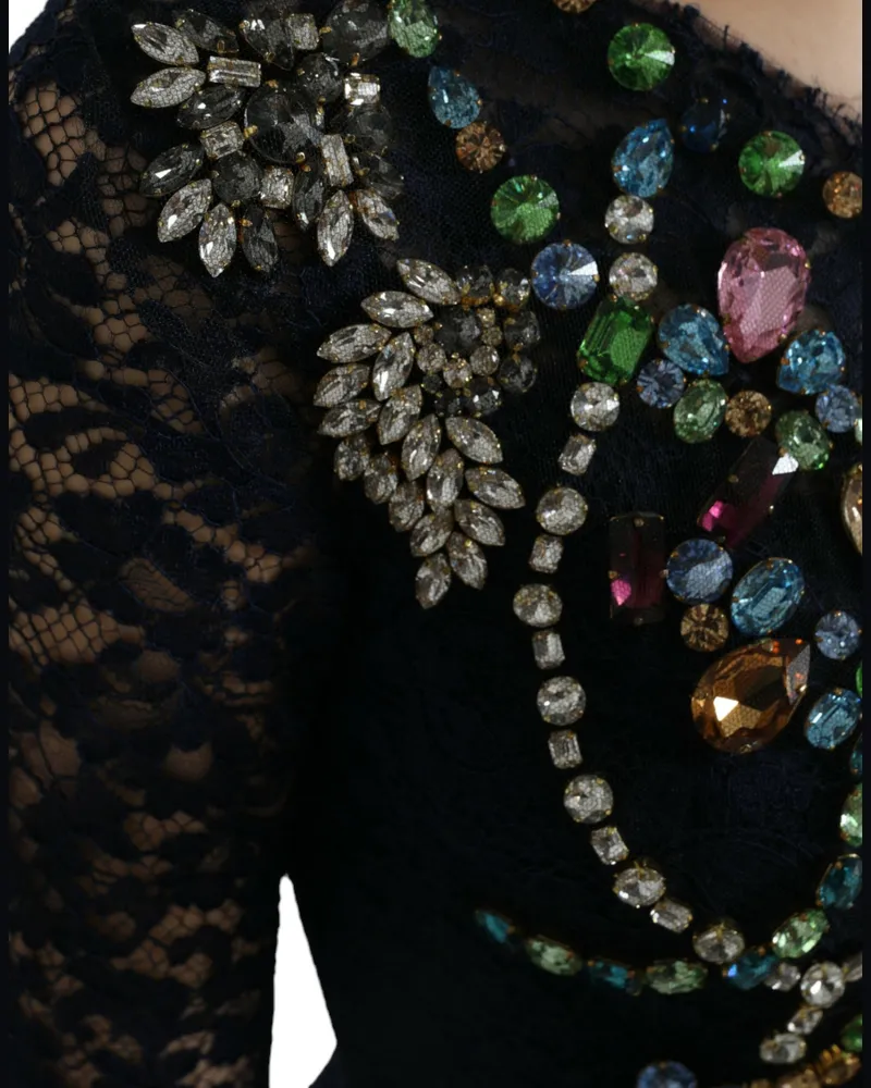 Dolce & Gabbana Women's Blue Crystal Floral Lace Long Gown Dress Black