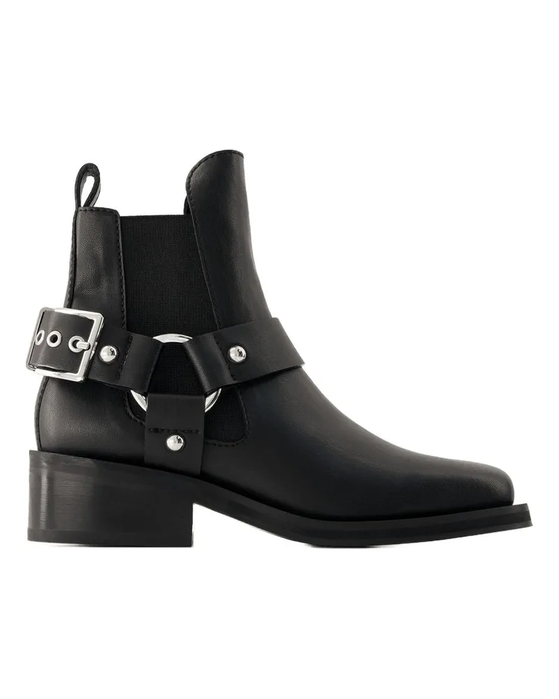 Ganni Women's Chelsea Biker Ankle Boots -  Leather Black Shoes Ankle-Boots Black