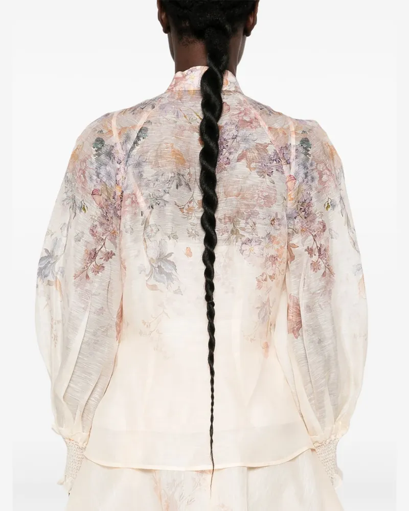 Zimmermann Floral Print Linen-Silk Blouse — Ecru Ecru