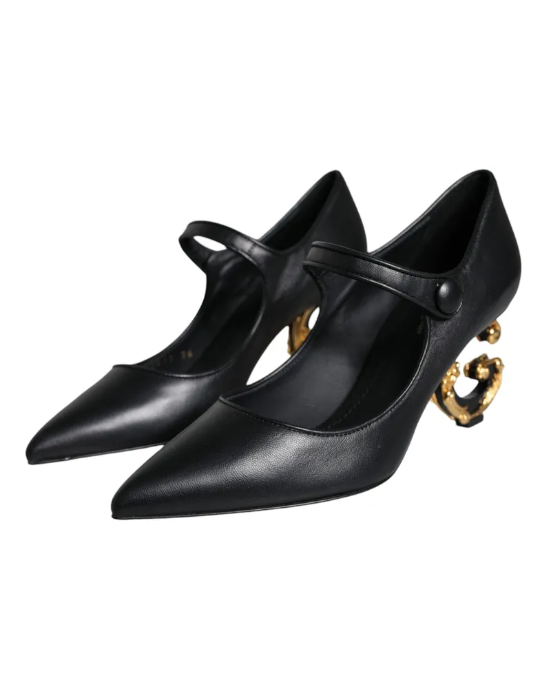 Dolce & Gabbana Women's Black Leather Logo Heels Mary Janes Pumps Shoes Lamb Black