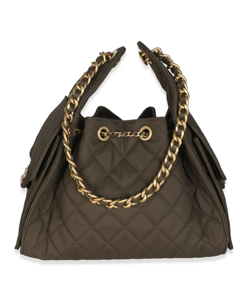 Chanel 25b Khaki Quilted Canvas 25 Hobo Green Fabric Green
