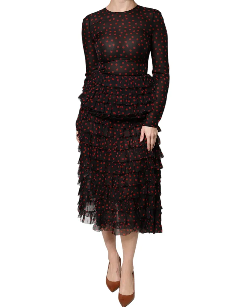 Dolce & Gabbana Women Black Red Polka Dot Silk Layered Midi Dress And Black