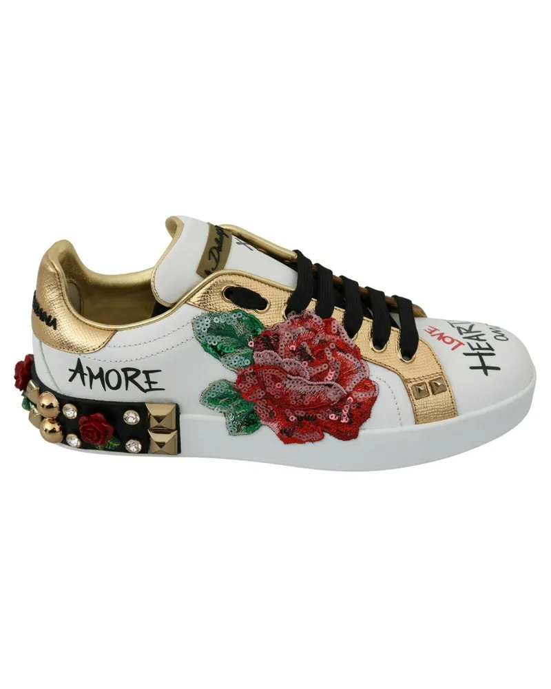 Dolce & Gabbana White Roses Sequined Crystal Womens Sneakers Shoes Leather White