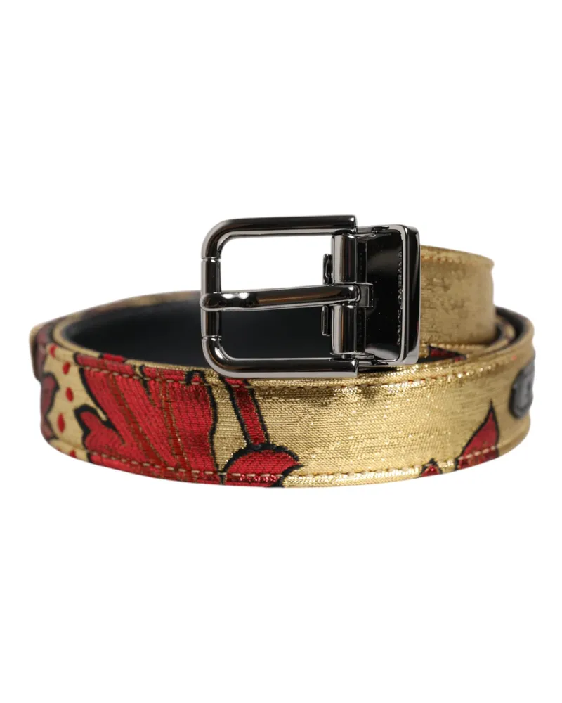 Dolce & Gabbana Men's Gold Floral Jacquard Silver Metal Buckle Belt Gold